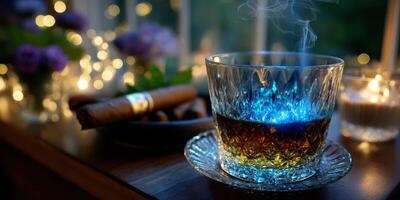 Relaxing evening with a glass of whiskey, cigar, and soft lighting in a cozy room photo