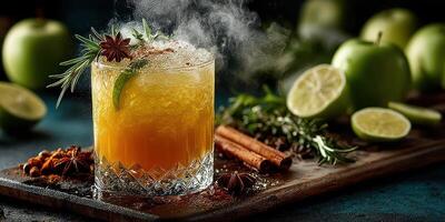 Refreshing cocktail with fresh apples, herbs, and spices served on a wooden board during evening gathering photo