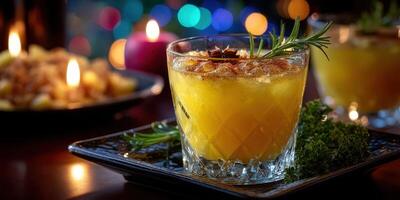 Colorful cocktail with herbs garnishing on a festive table with candles and blurred lights in the background photo