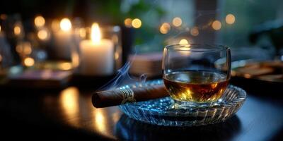 Relaxing evening with whiskey and cigar by candlelight in a cozy setting photo