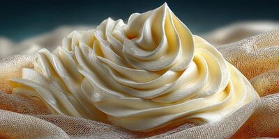 Beautifully textured swirl of creamy dessert topping displayed against a soft neutral backdrop in a culinary setting photo