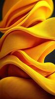 Vibrant yellow fabric creates smooth, flowing waves against a dark background in a dramatic textile display photo