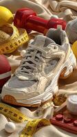 Unique sneaker displayed among fitness equipment and colorful objects on soft fabric photo
