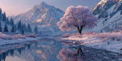 Winter landscape with a frosty tree and snow-covered mountains during dawn photo