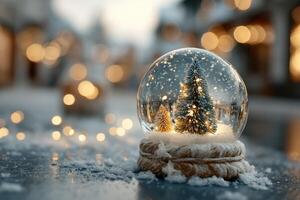 Snow globe with illuminated trees and festive lights during winter season photo