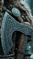 Celtic axe close-up with intricate design against a historical, snowy backdrop photo