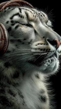 Snow leopard wearing headphones enjoys music in a calm and relaxed atmosphere photo
