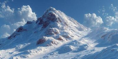 Mountain peak covered in snow under a clear blue sky with fluffy clouds during daylight in winter photo