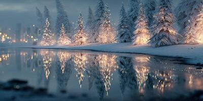 Winter landscape with snowy trees and shimmering reflections by the water at dusk in a city setting photo
