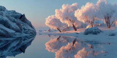 Winter landscape reflects serene beauty at dawn with frosted trees and still water in a tranquil setting photo