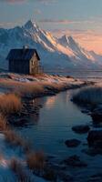 Serene wooden cabin by a tranquil river under snowy mountains at dawn photo
