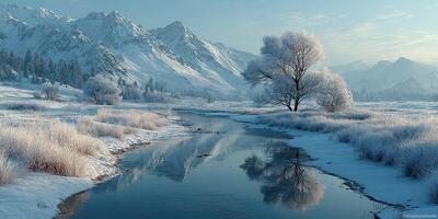 Winter landscape features a serene river reflecting frosty trees and majestic mountains at dawn photo