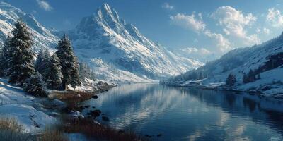 Majestic snow-capped mountains reflect in tranquil river under clear blue sky in winter landscape photo