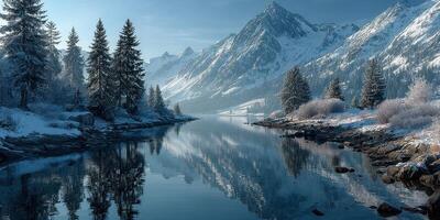 Winter landscape with snow-covered mountains and a serene lake reflecting the scenery photo