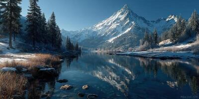 Majestic mountain landscape reflecting in tranquil river under clear blue sky photo