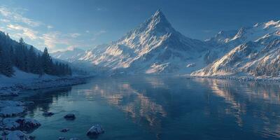 Snow-covered mountain reflects in calm lake under blue sky at dawn with soft clouds and surrounding pine trees photo