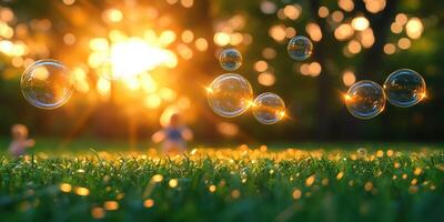 Colorful soap bubbles float in the sunset glow above a grassy field during a serene evening moment photo