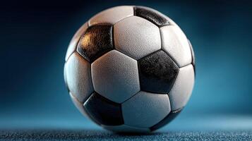Classic black and white soccer ball resting on a textured surface with a soft blue background photo