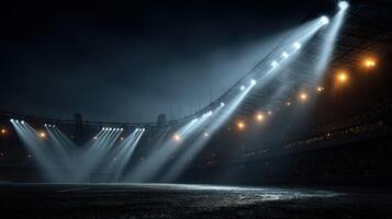 Spotlight illuminating a deserted stadium field at night during a rainy atmosphere photo