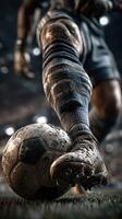 Soccer player preparing to kick a muddy ball during an intense match at a bustling stadium under bright lights photo