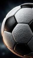 Close-up view of a textured soccer ball highlighting its black and white pattern with dramatic lighting in a dark background photo