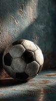 Old soccer ball resting on a weathered surface in dim lighting with textured wall backdrop photo