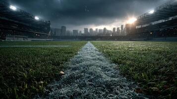 Rain falls on an empty football stadium before an evening match with a city skyline in the background photo