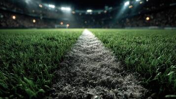 Grass field marked for a football match under stadium lights showcasing an intense sporting atmosphere photo