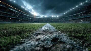 Exciting match atmosphere unfolds under dramatic lighting at a packed stadium at twilight photo