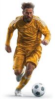 Skilled soccer player in yellow jersey showcasing athleticism on the field during an intense match photo