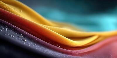 Colorful waves of fabric create a vibrant texture with water droplets highlighted in soft lighting photo
