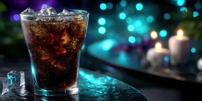 Refreshing beverage served in a glass with ice, illuminated by soft candlelight and colorful background lights photo