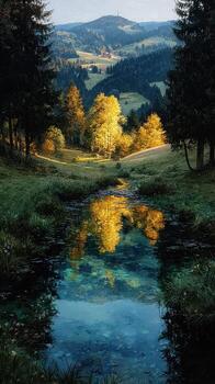 Serene autumn landscape featuring a shimmering stream and golden trees in the tranquil countryside at sunset photo