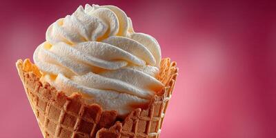 Delicious whipped cream atop a perfectly crafted waffle cone against a vibrant pink background photo