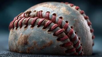 Worn baseball with unique texture and details captured in soft lighting against a blurred background photo