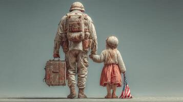 Soldier and young girl hold hands while walking toward hope in a desolate landscape at sunset photo