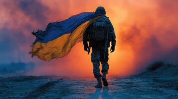 Ukrainian soldier walks into sunset with flag billowing in the wind amid smoke and destruction photo