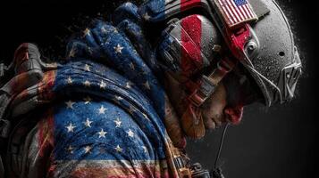Soldier with American flag background in contemplative pose during military training photo