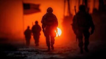 Soldiers march towards the setting sun against a fiery orange sky in a war-torn landscape photo
