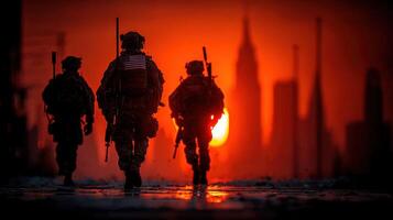 Soldiers walk towards sunset with skyline silhouette in the background and dramatic colors of dusk photo