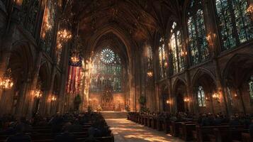 Interior of a grand cathedral filled with attendees during a solemn ceremony in the afternoon light photo