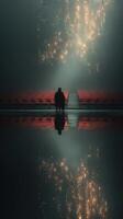Lonely figure reflects in the center of an empty theater illuminated by sparkling lights photo