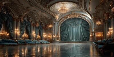 Elegant theater interior with lavish decorations and soft lighting showcasing a beautiful stage draped in rich fabric photo