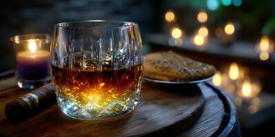 Enjoying a cozy evening with whiskey and a cigar at a rustic bar surrounded by warm candlelight photo