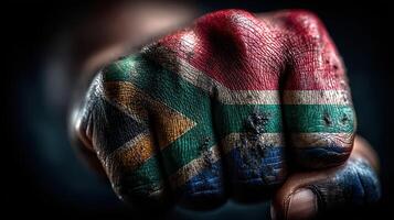 Fist painted with South African flag symbolizes unity and strength in heritage and culture photo
