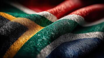 Close-up view of South African flag fabric showcasing vibrant colors and texture under natural light photo