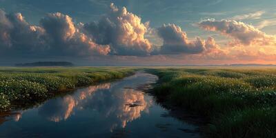 Majestic sunset over tranquil marsh with vibrant clouds reflecting on water photo
