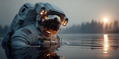 Astronaut exploring calm water at sunset near a forested landscape with soft reflective lighting photo
