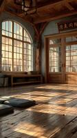 Serene interior of a spacious wooden studio with large windows and warm sunlight during late afternoon photo