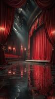 Elegant theater stage with red curtains and reflective floor in a stunning performance space photo